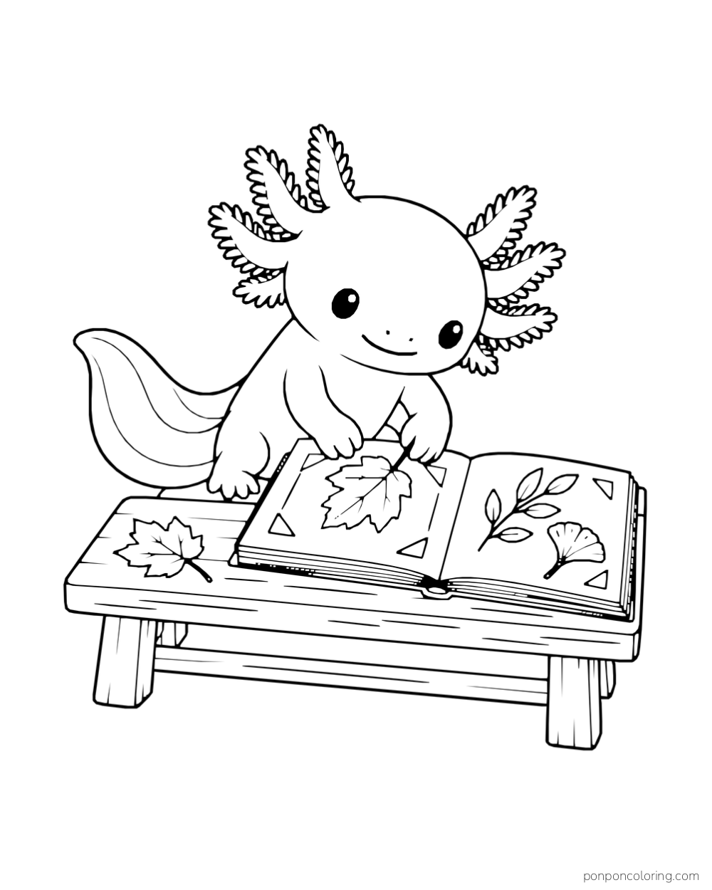 Axolotl pressing a maple-shaped leaf into an open book on a low bench.