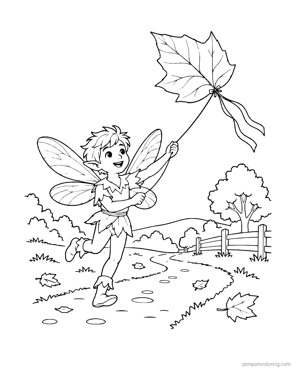 Boy fairy running with a giant leaf kite above an autumn path.
