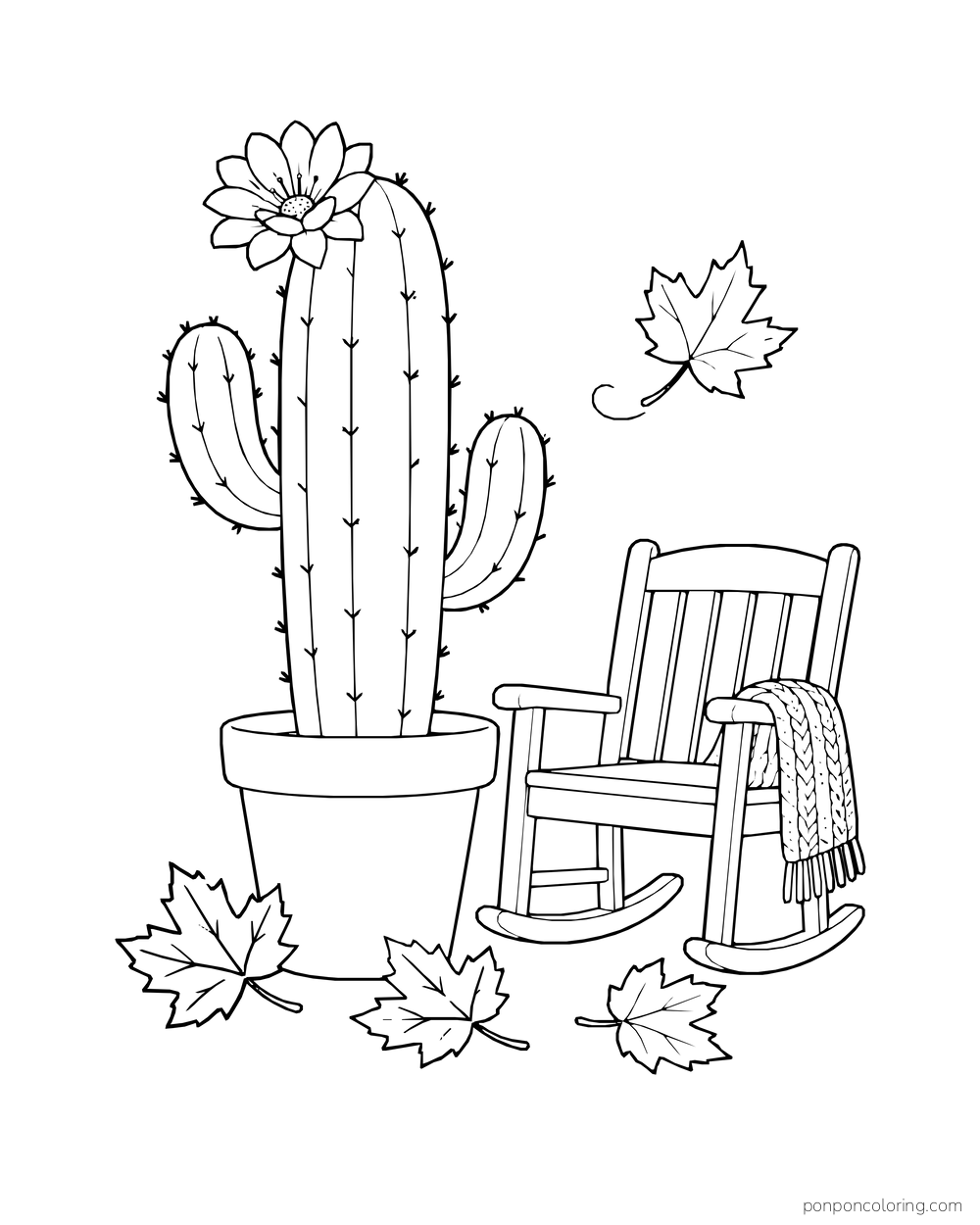 A tall potted cactus stands by a rocking chair with a scarf, with maple leaves on the ground.