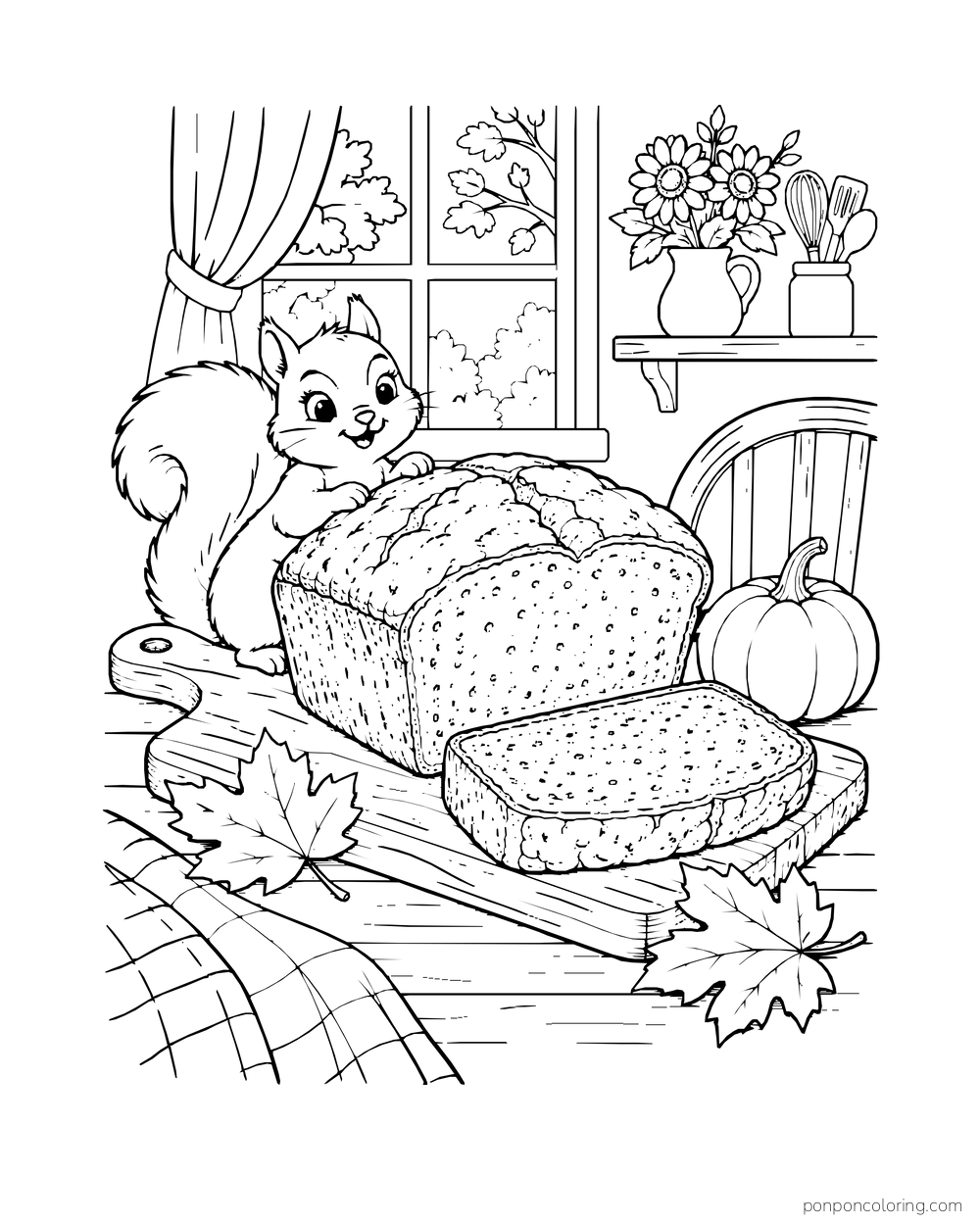 A squirrel looks at sliced pumpkin bread beside an autumn window and a small pumpkin.
