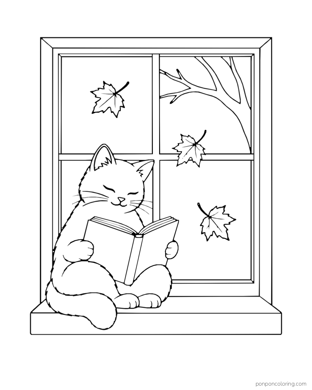 A cat reading on a windowsill with falling leaves outside.