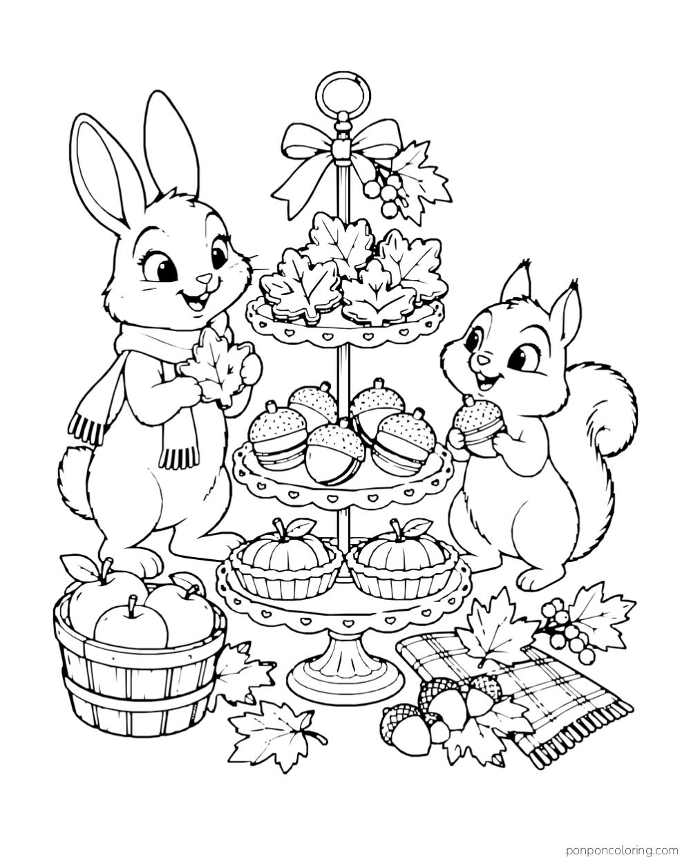 A rabbit and squirrel share cookies, acorn-shaped treats, and tiny tarts from a tiered stand.