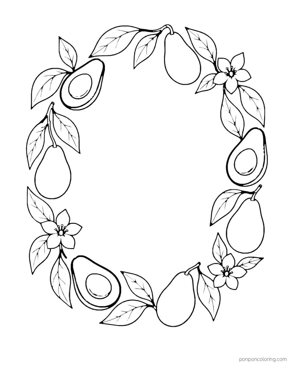 Whole and halved avocados, leaves, and small flowers form an open decorative ring.