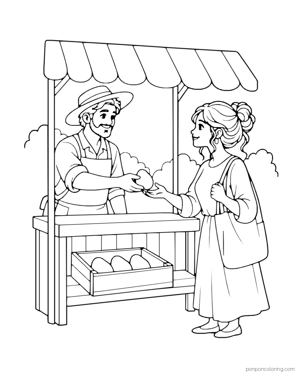 A produce vendor hands an avocado to a customer across a stall counter beside a fruit crate.