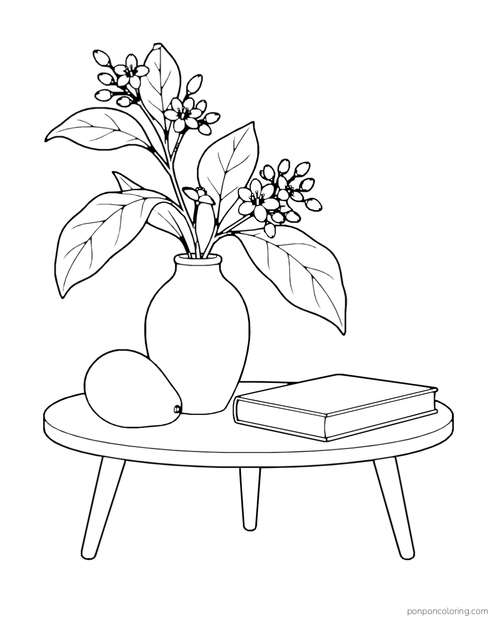 Avocado flowering sprigs fill a vase beside one whole fruit and a closed book on a side table.