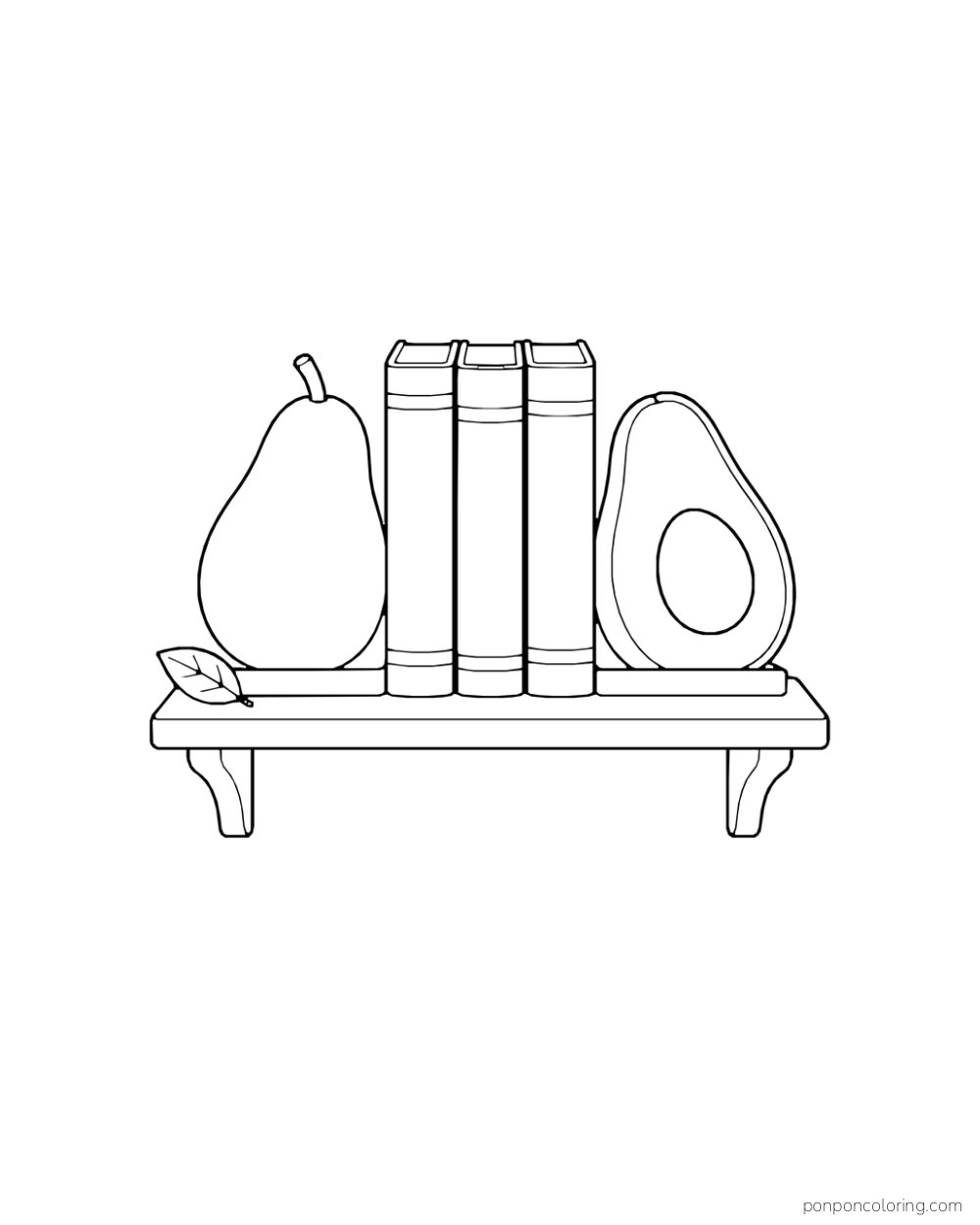 A whole-avocado bookend and an avocado-half bookend hold three plain books on a small shelf.