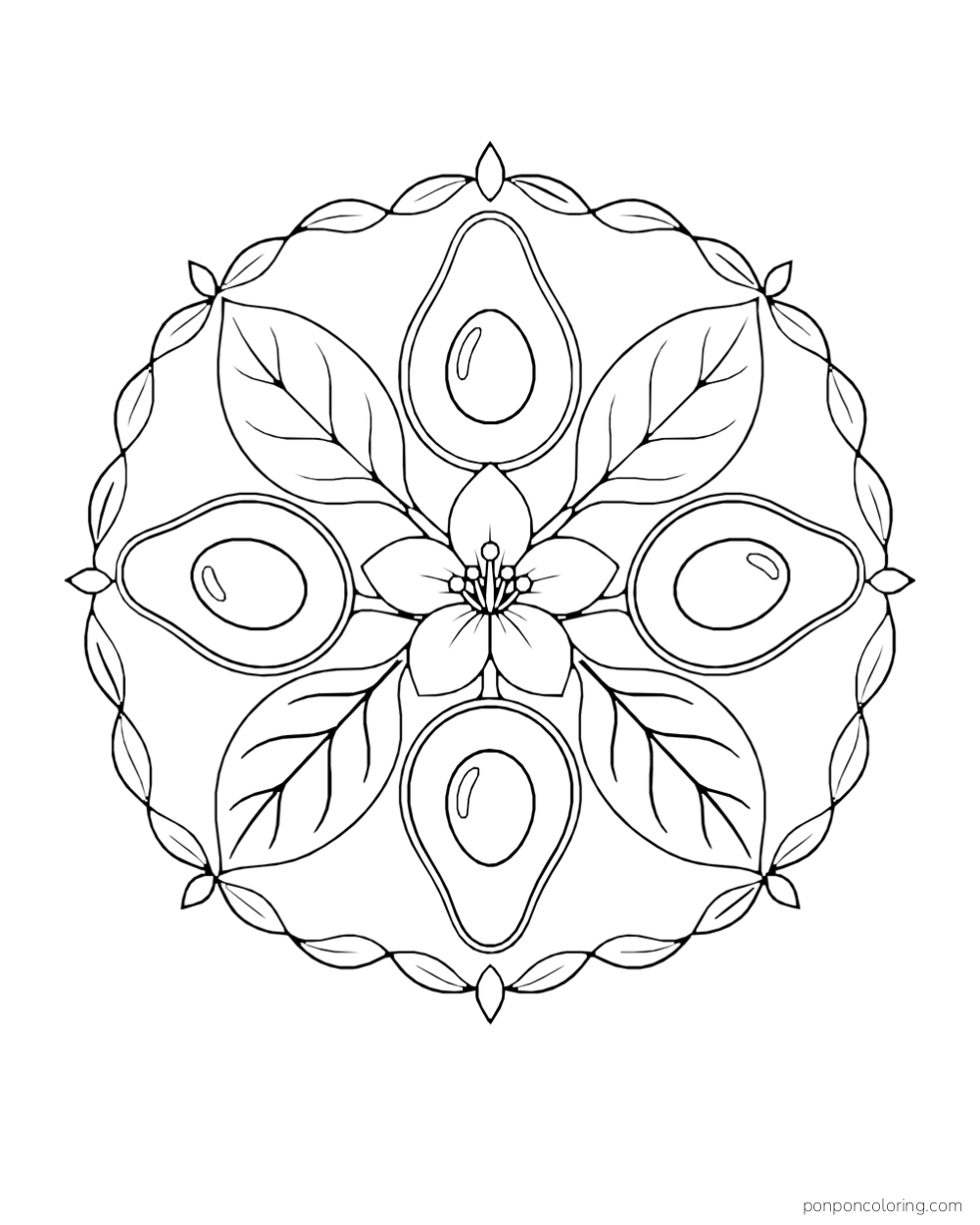 An avocado blossom sits at the center of a medallion of leaves and avocado halves.