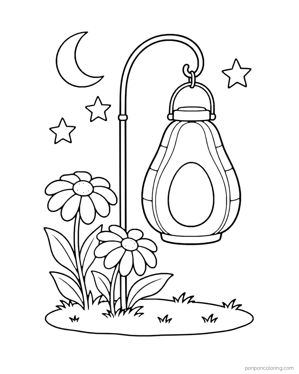 An avocado-shaped garden lantern hangs from a shepherd’s hook beside two flowers under a moon and stars.