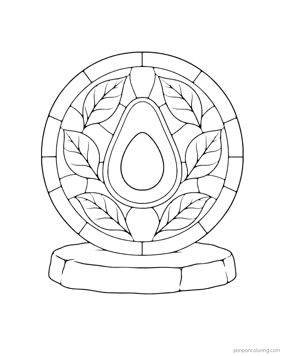 A round garden mosaic medallion shows a large avocado half surrounded by broad leaf tiles on a low stone base.