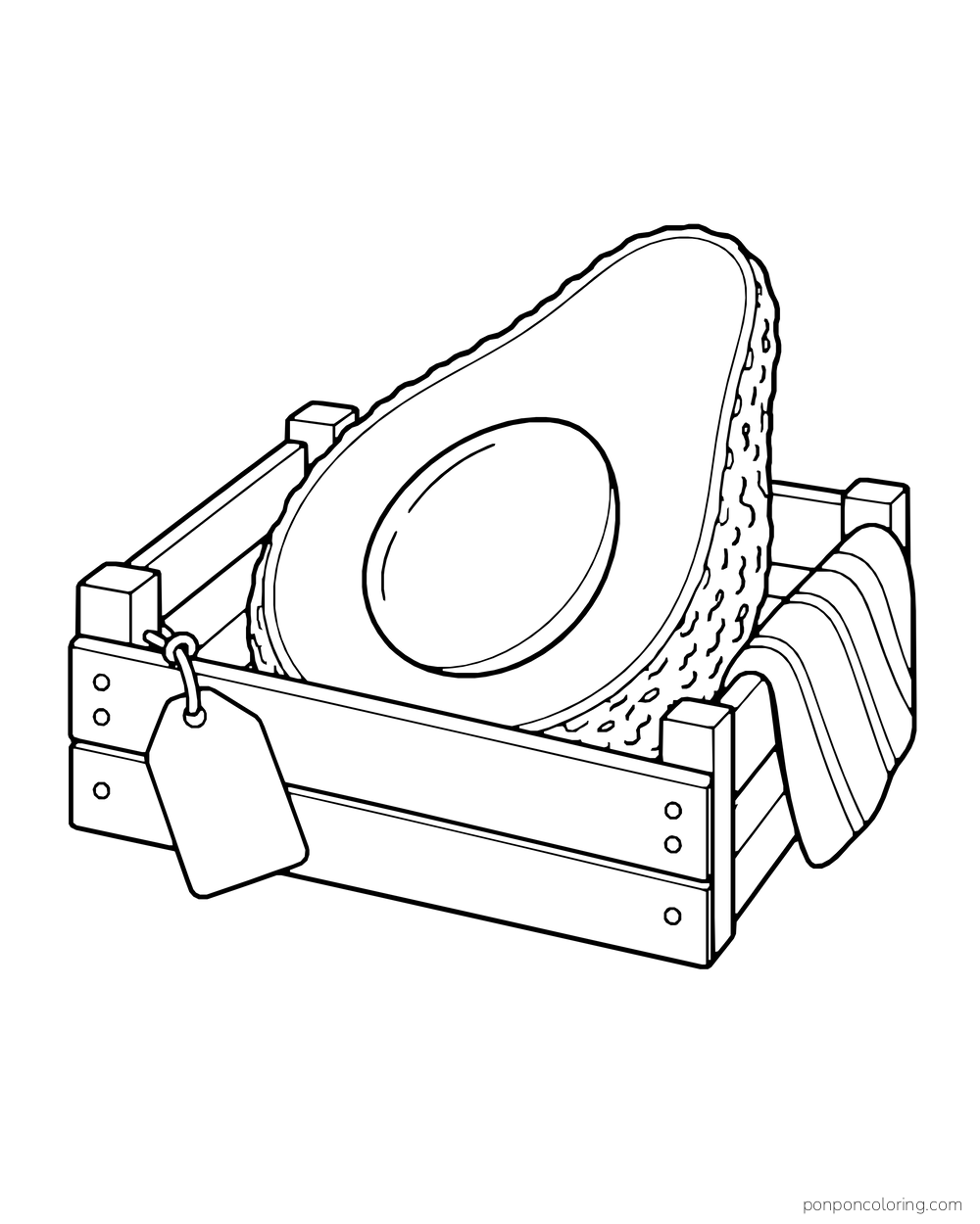 A large avocado half in a wooden produce crate with one blank price tag and a striped cloth.