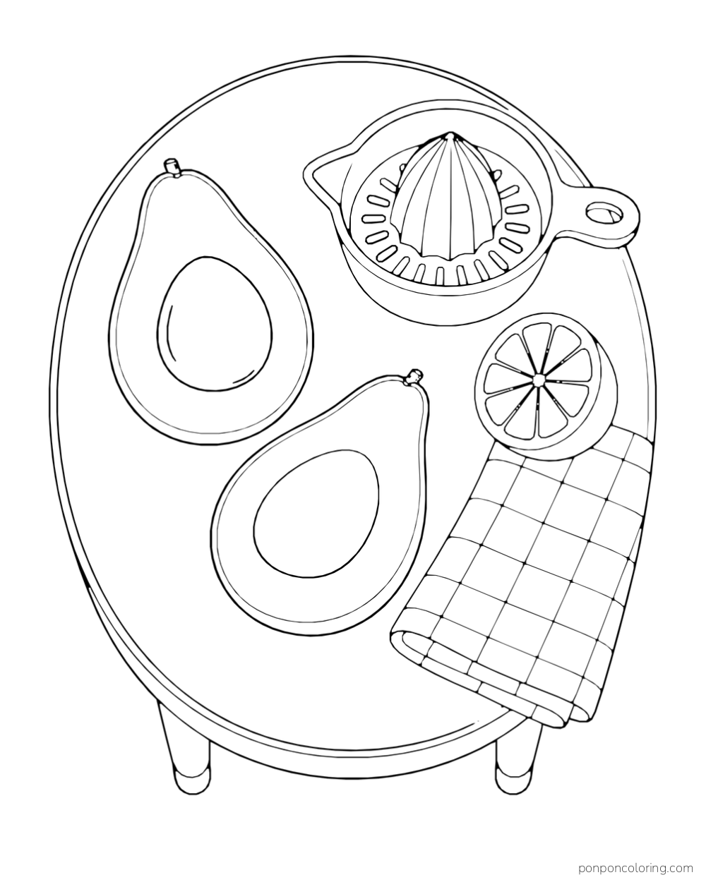 Overhead avocado halves, citrus press, cloth and citrus on a round table.