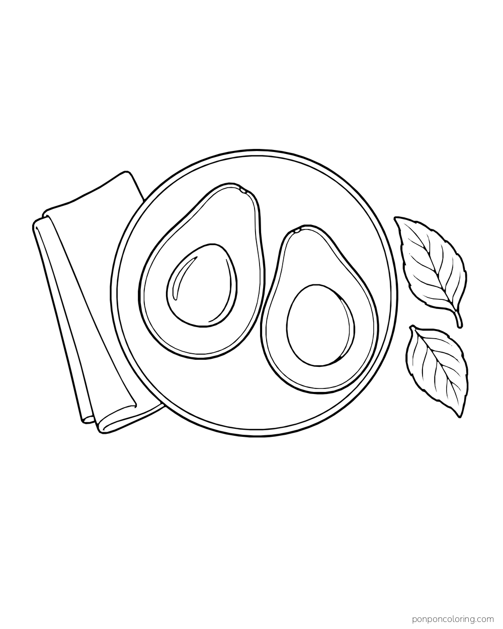Two avocado halves with seed and cavity lie on a round plate beside a folded napkin and two broad leaves.