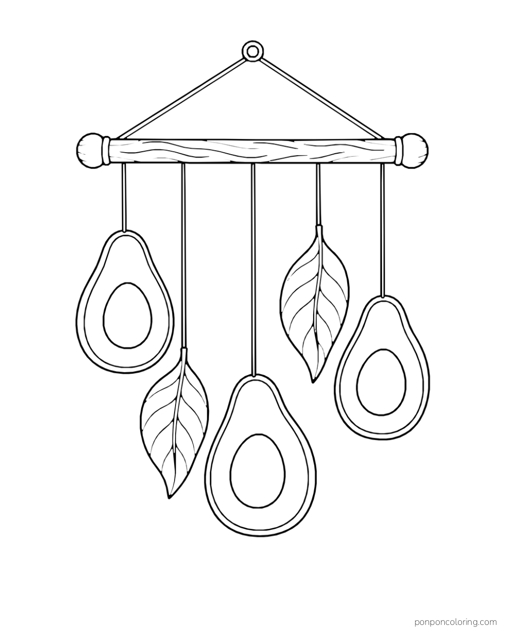 A hand-crafted mobile suspends three avocado-half ornaments and two leaf ornaments from a wooden rod.