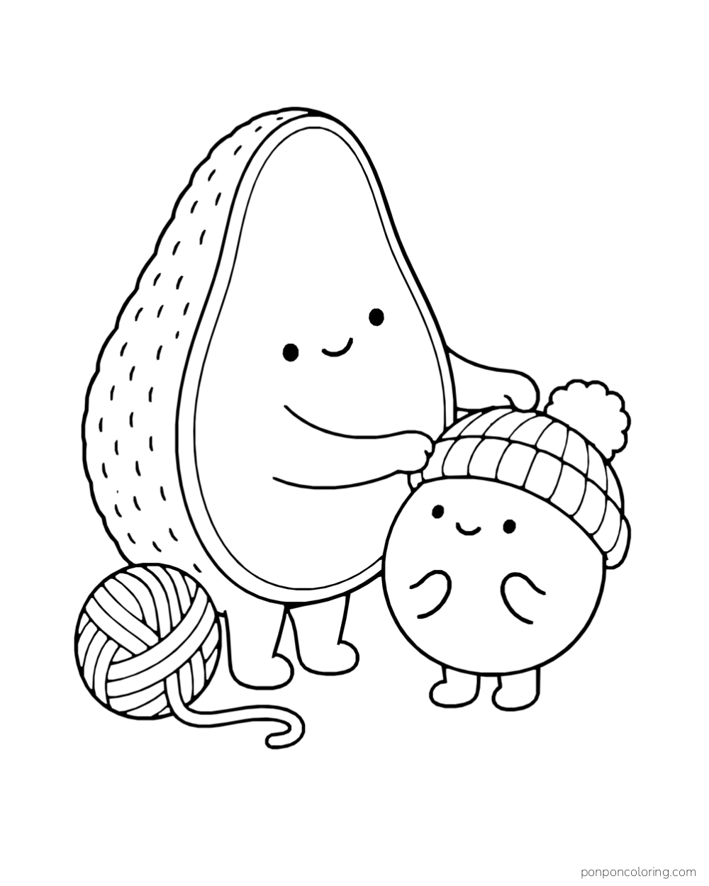 An avocado half fits a knitted hat on its pit beside a ball of yarn.