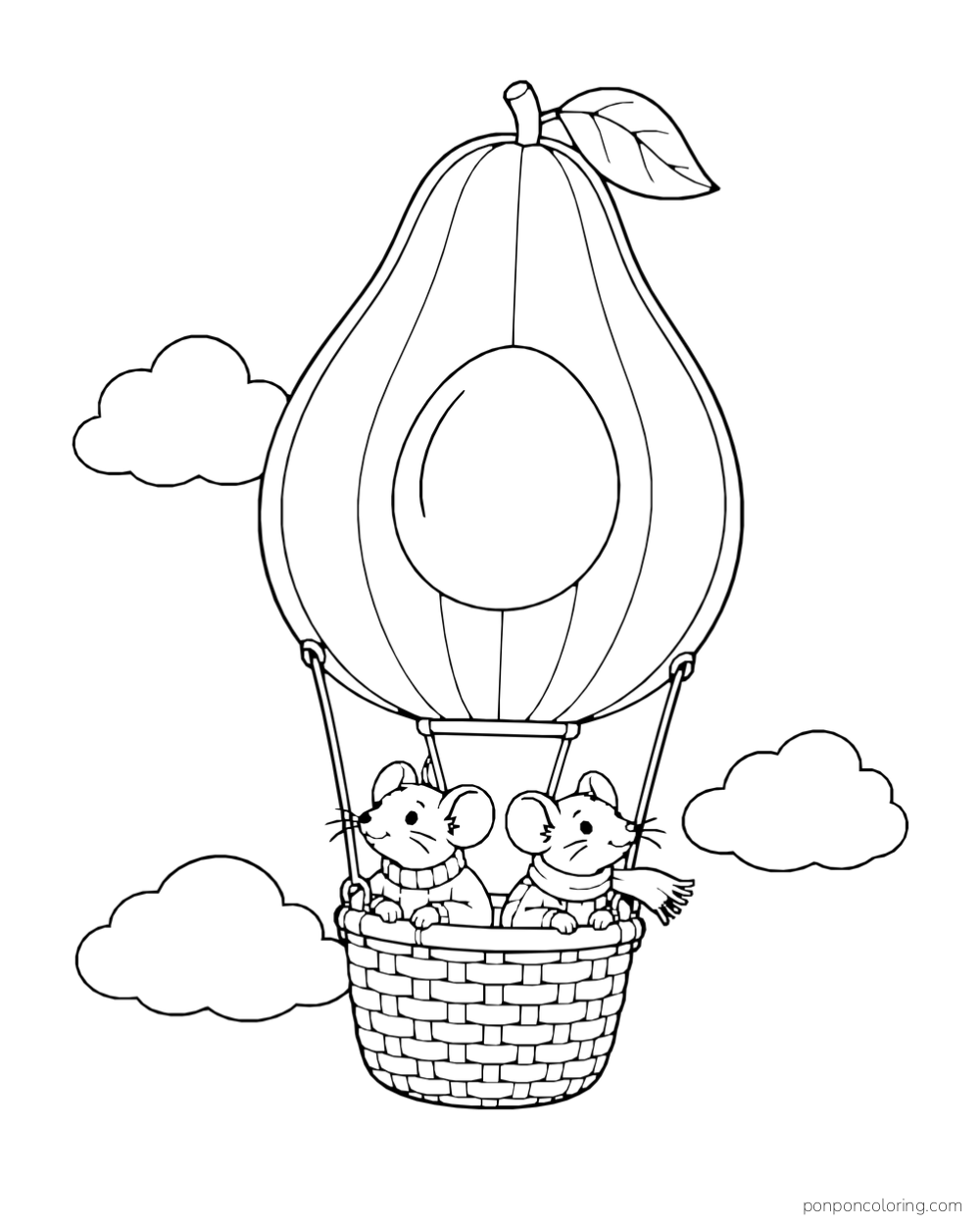 Two mice ride in the basket of an avocado-shaped hot air balloon beneath broad clouds.