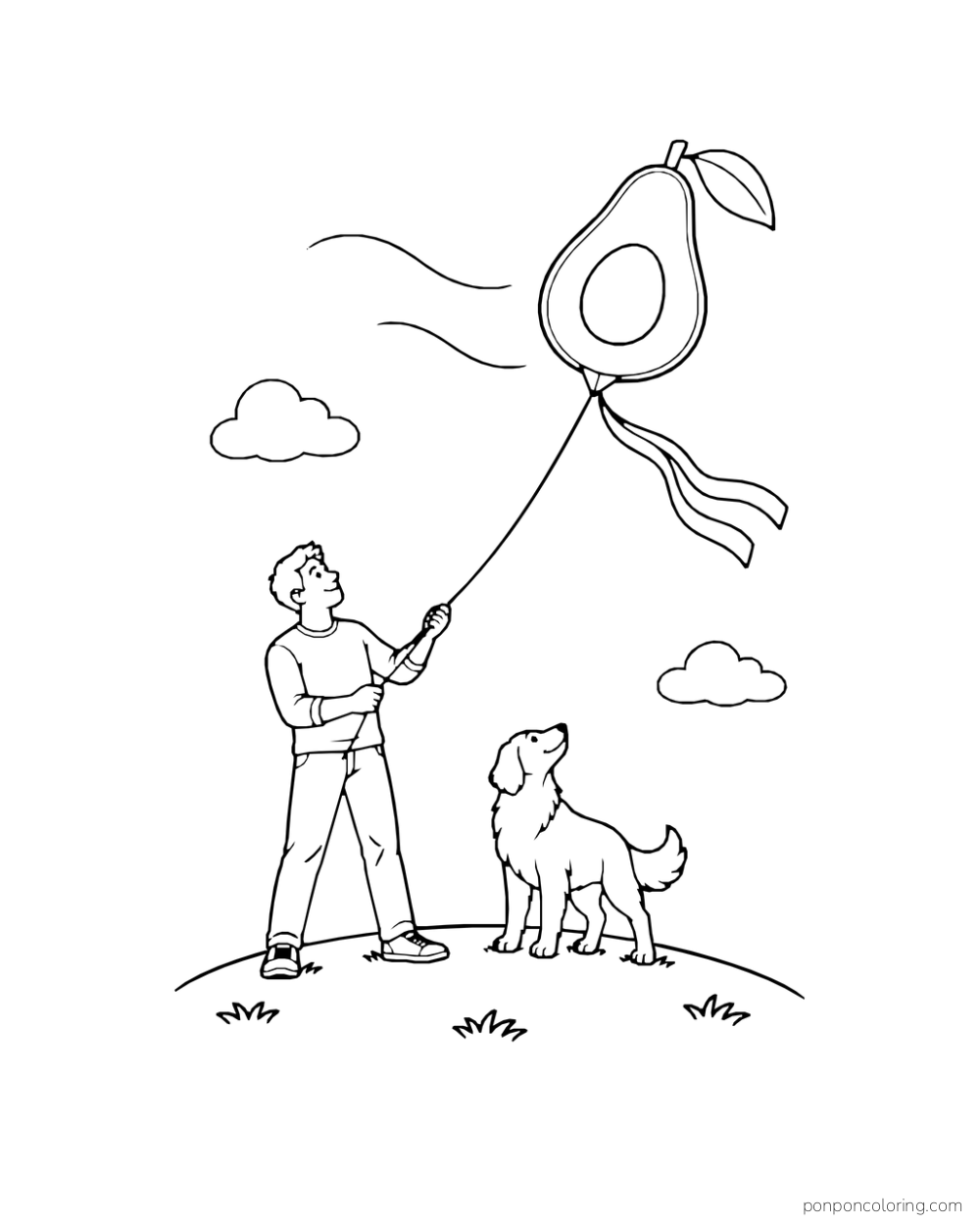 An adult flies a large avocado-shaped kite on an open hill while a calm dog looks up.