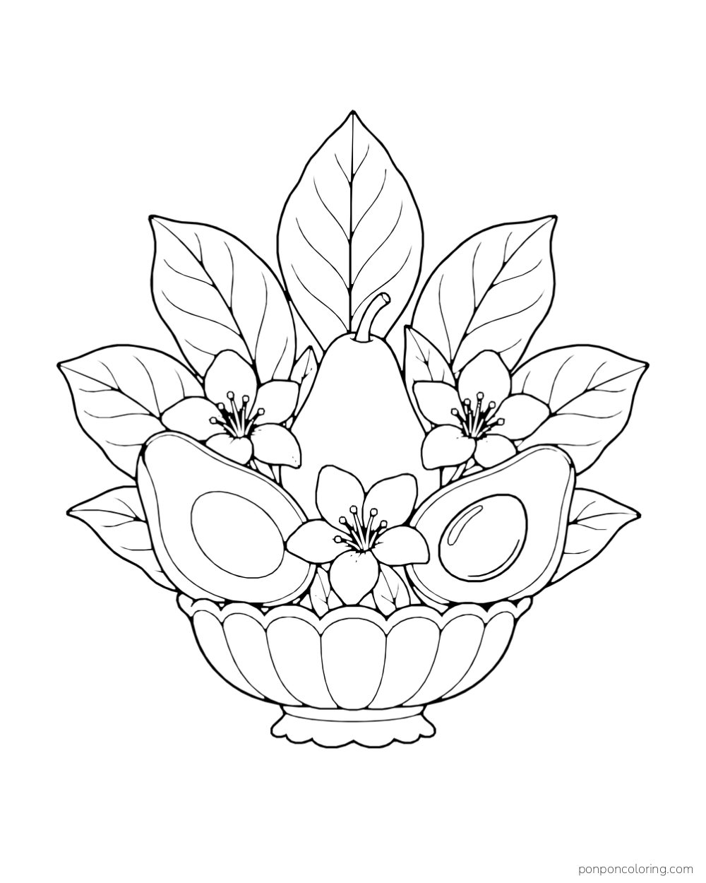 Fan arrangement of avocado leaves, two halves and flowers in a scalloped bowl.