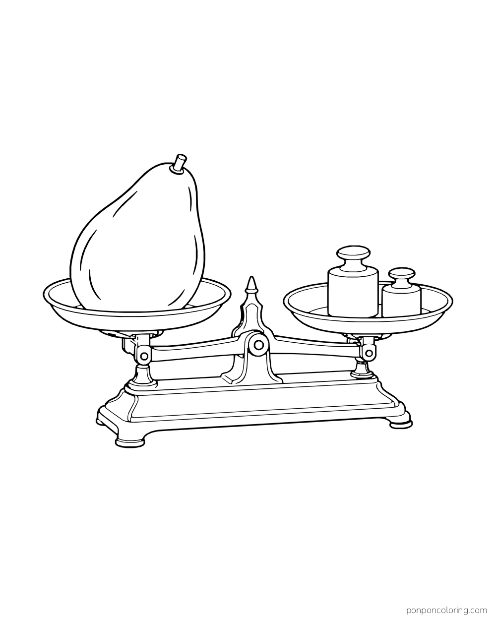 One large whole avocado rests in the pan of an old-fashioned balance scale opposite two round weights.