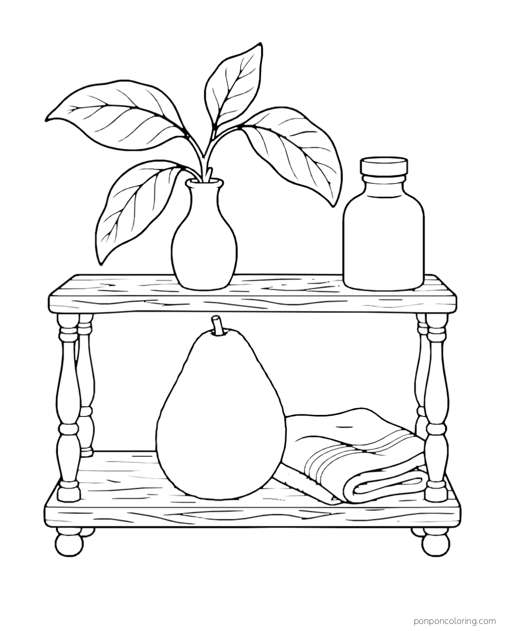 A whole avocado, leafy sprig, bottle, and folded cloth sit on a two-tier apothecary shelf.
