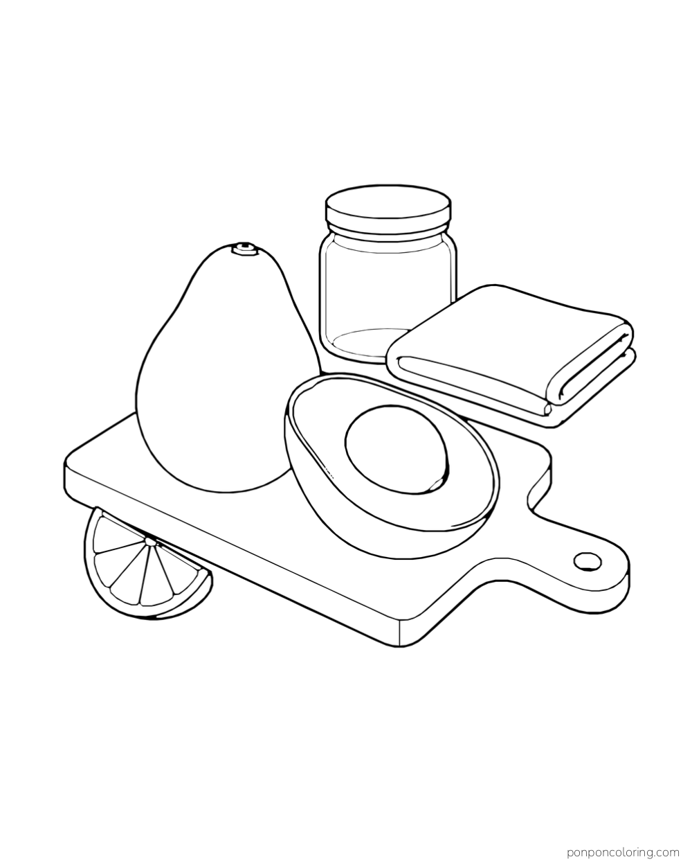 A whole avocado and a cut half rest on a board beside a jar, folded towel, and lime wedge.