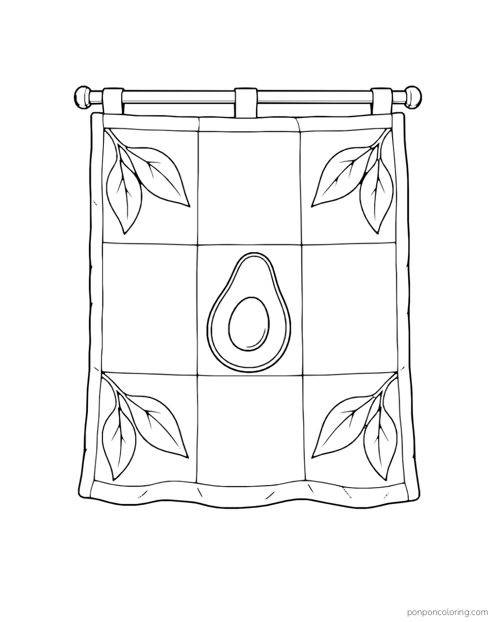 A hanging patchwork quilt has a central avocado-half appliqué and broad leaf motifs in its corners.