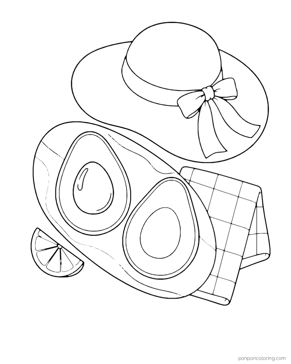 Two avocado halves lie on an oval picnic board beside a hat, folded napkin, and lime wedge.