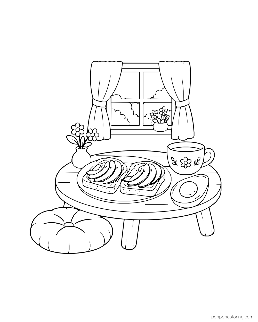 Two slices of avocado toast and an avocado half on a low breakfast table beside a flowered cup, vase, cushion, and curtained window.