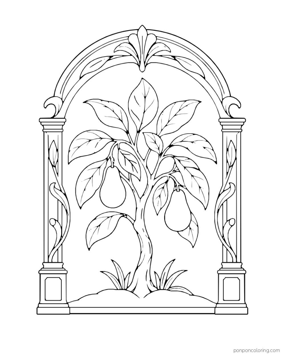 An Art Nouveau doorway frames an avocado tree with two hanging fruits, broad leaves and simple curling side motifs.