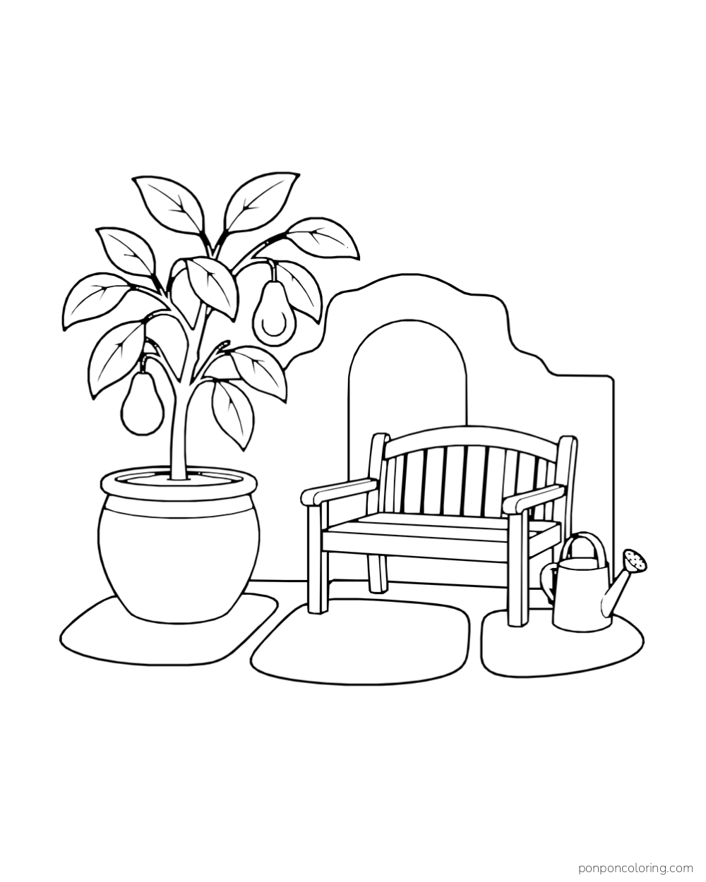 A potted avocado tree stands beside a bench, watering can, wall arch, and paving stones.