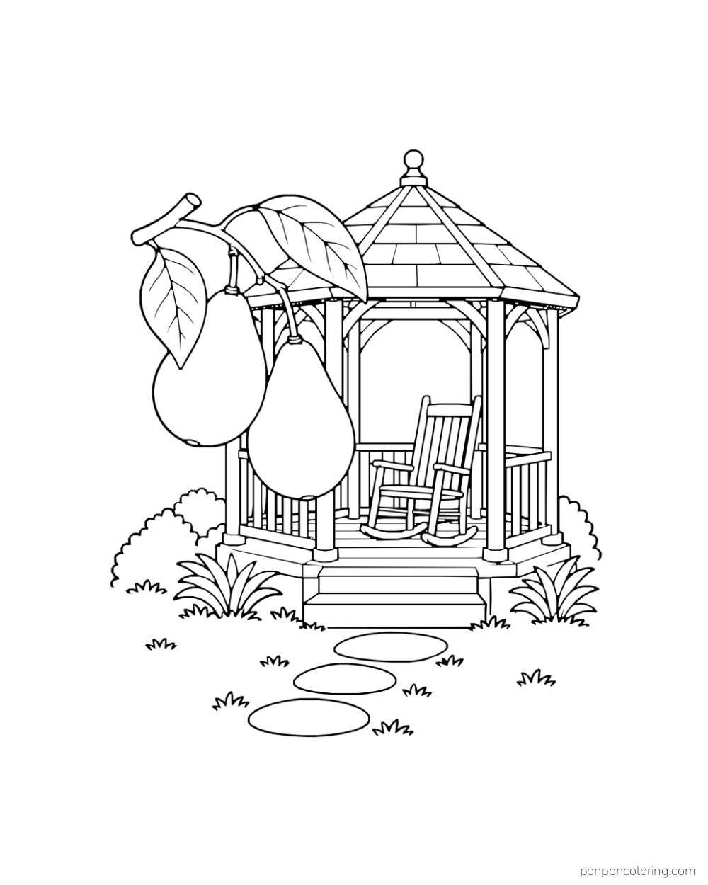 Two large avocados hang from a short branch in front of an empty rocking chair inside a small orchard gazebo.