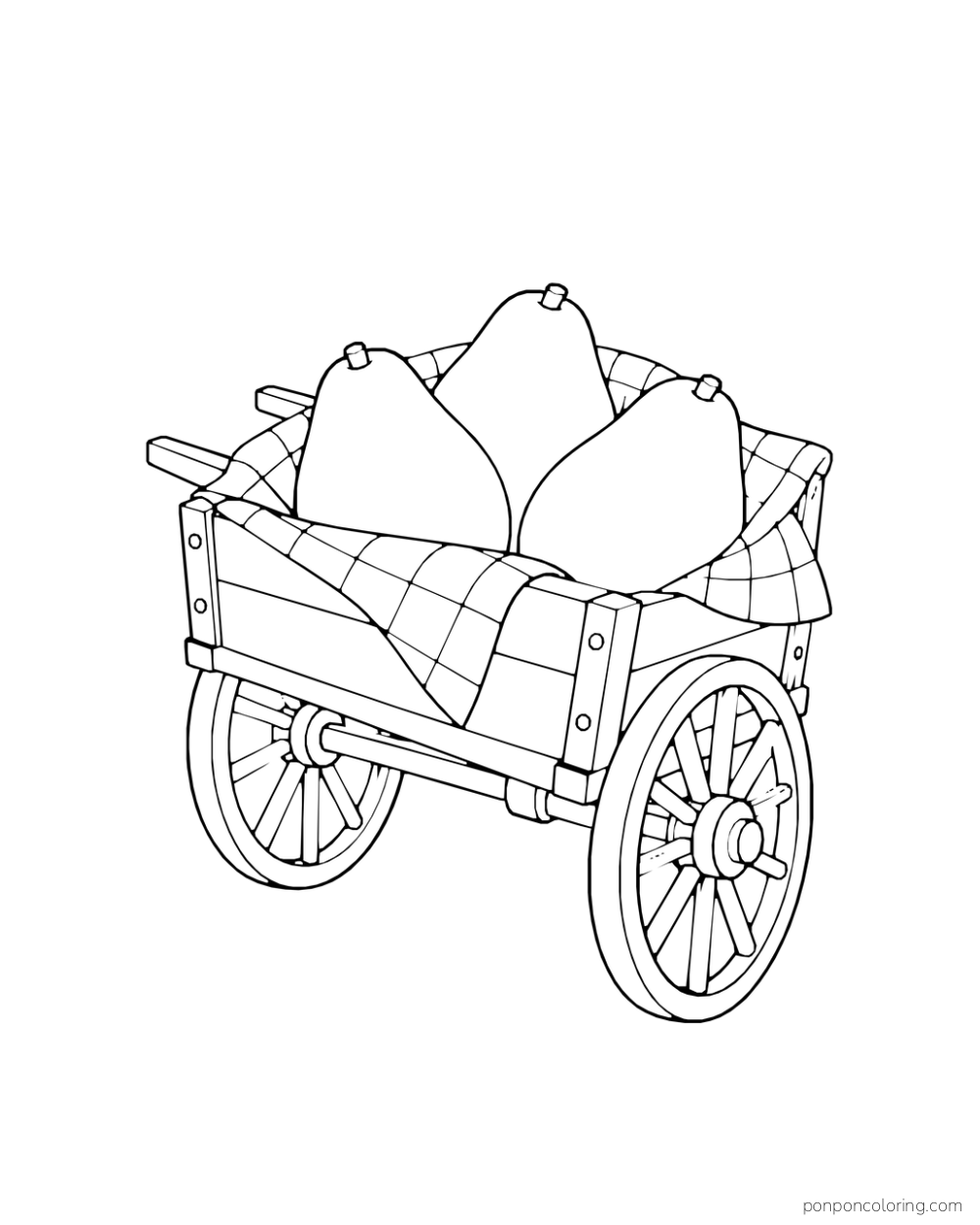 Three whole avocados ride in a vintage two-wheel wooden handcart beneath a folded checked cloth.