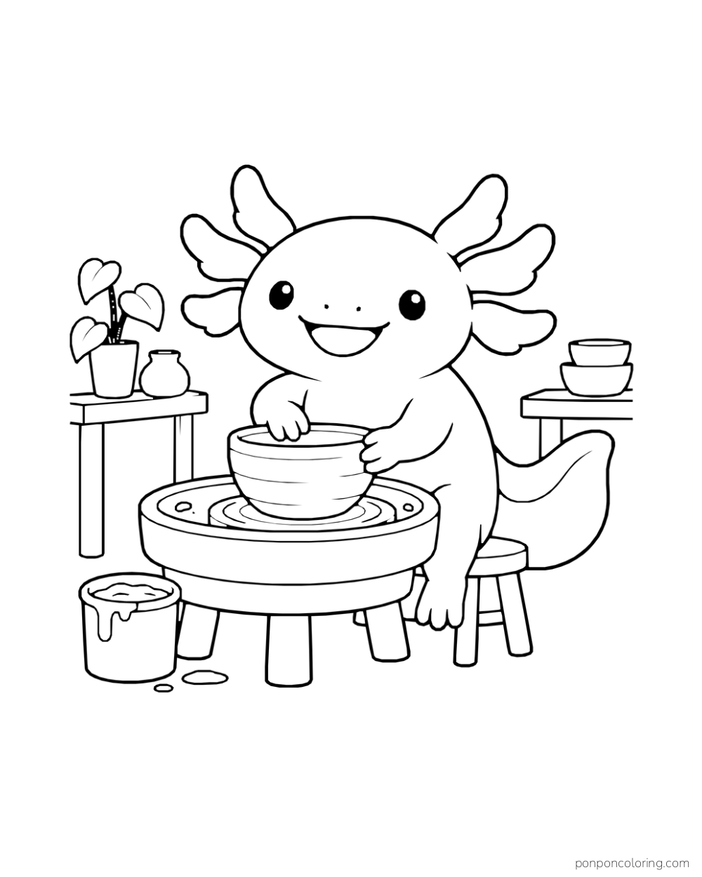 An axolotl shapes a bowl at a pottery wheel beside a bucket, plants, and a small table.