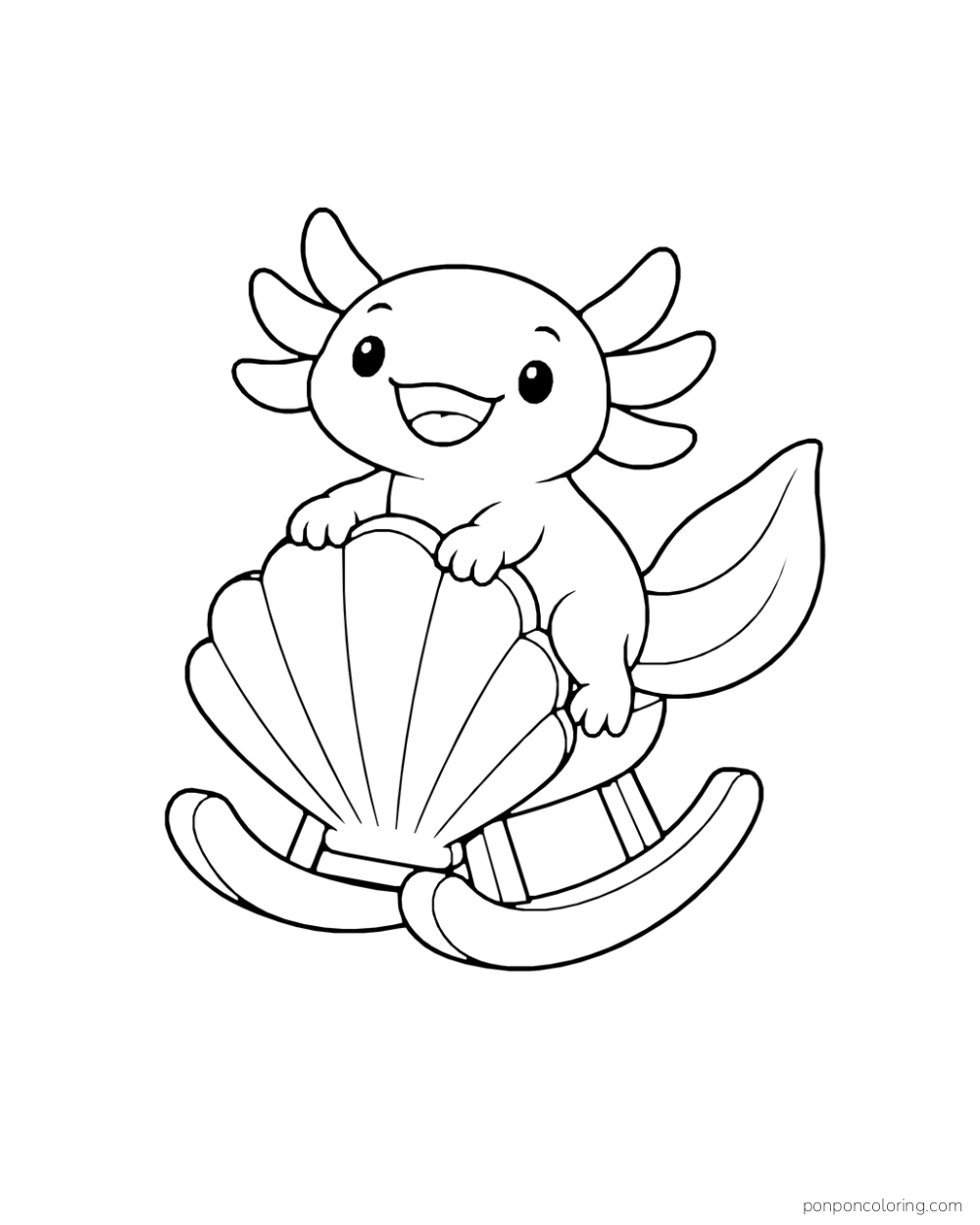 An axolotl sits in a shell-shaped rocking toy with curved runners.