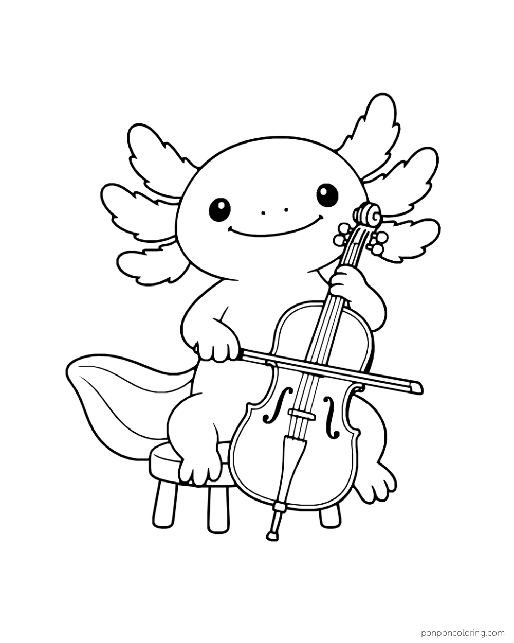An axolotl plays a cello while seated on a round stool.