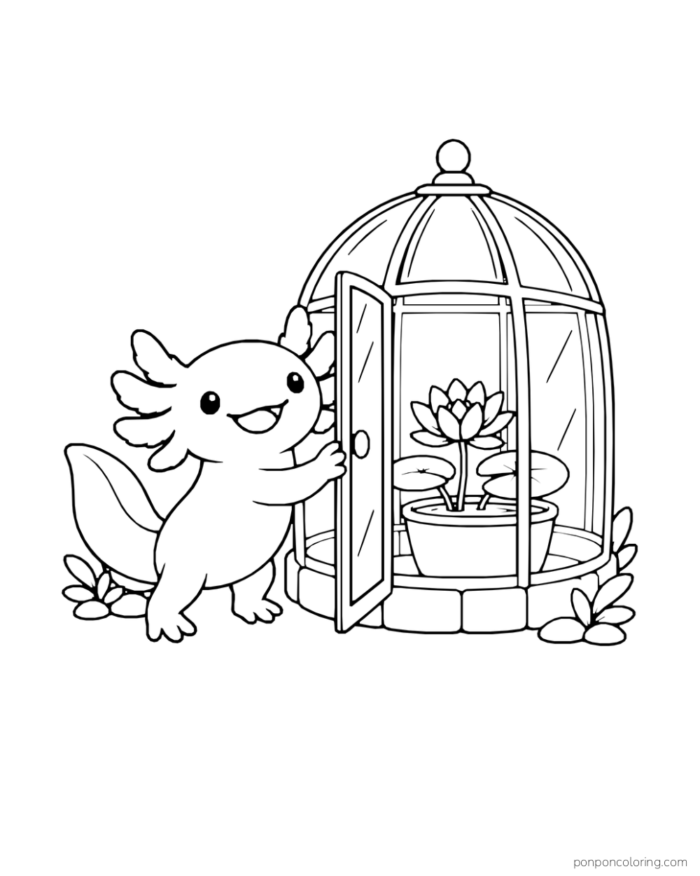 An axolotl opens a domed greenhouse containing a potted water lily.