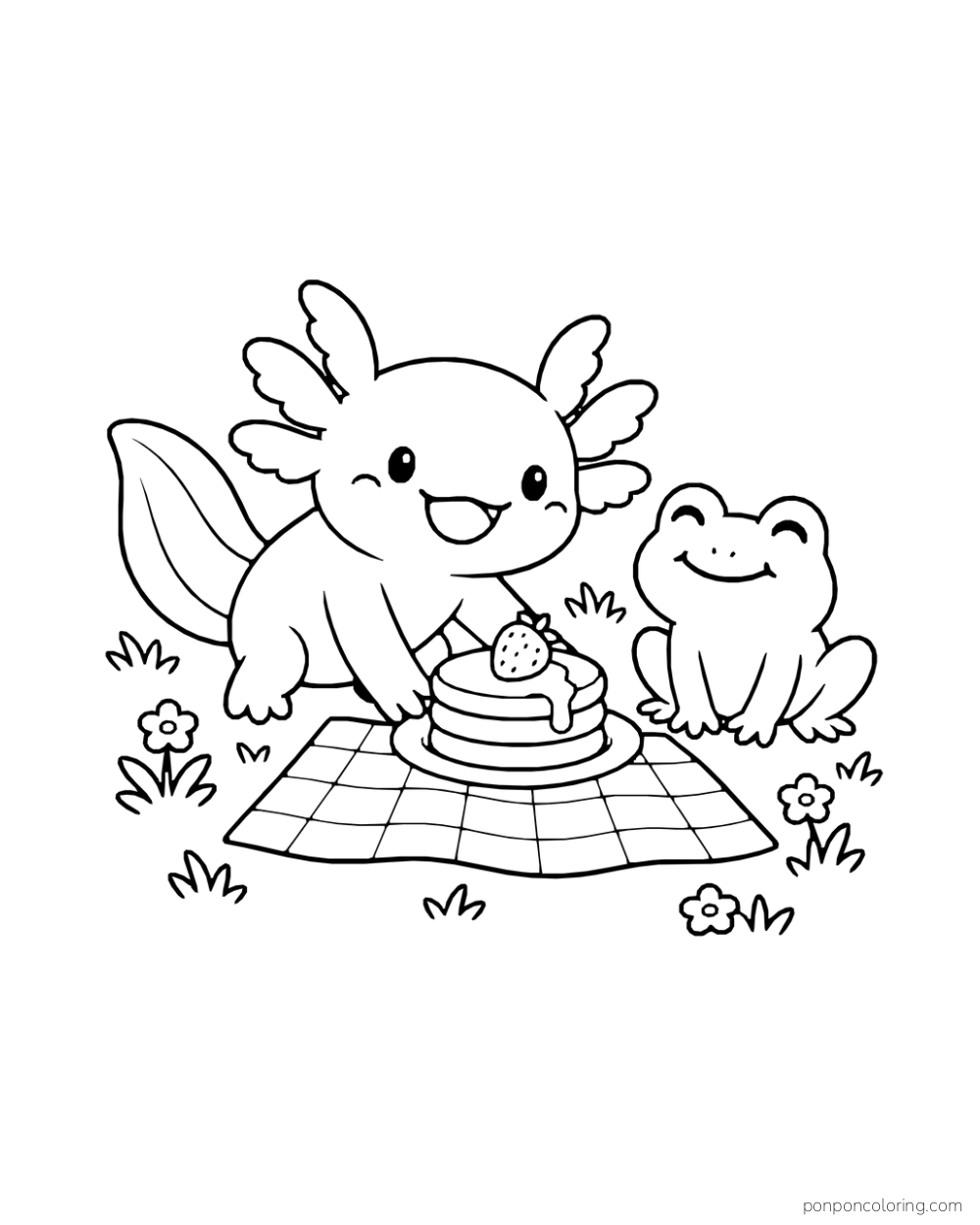 An axolotl and a frog share pancakes on a picnic cloth.