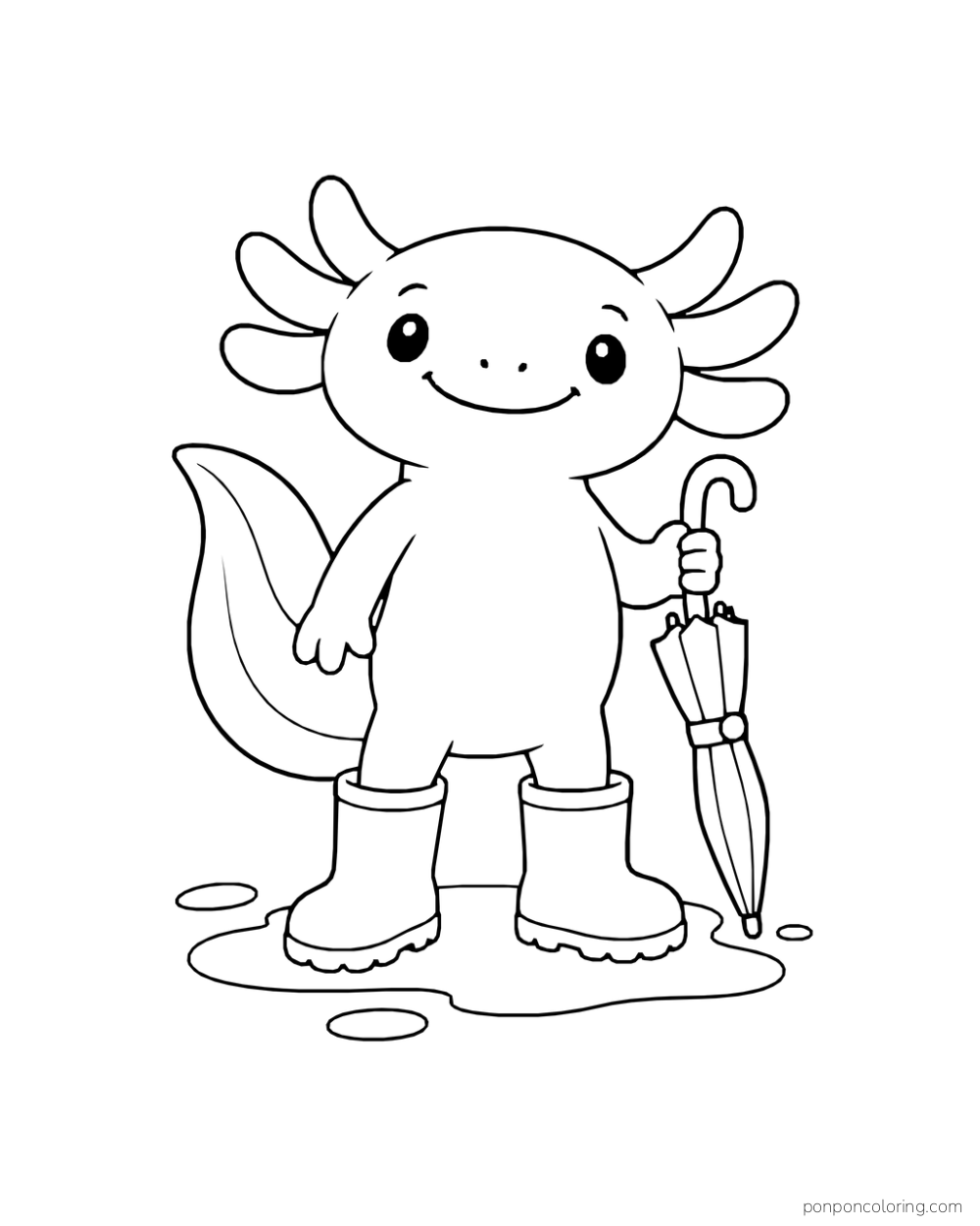 An axolotl wears rain boots and holds a closed umbrella beside a puddle.