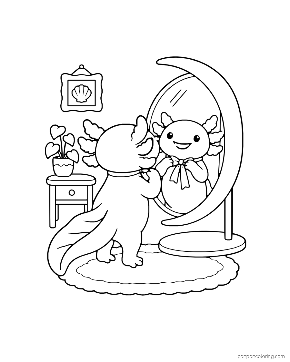 An axolotl adjusts a ribbon while looking into a crescent-shaped mirror.