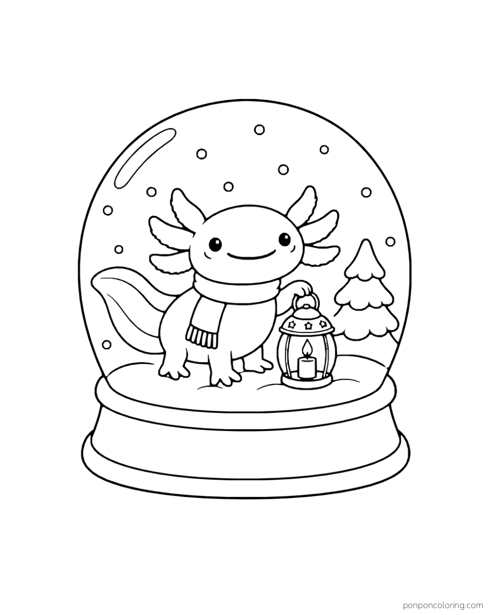 An axolotl in a scarf stands with a lantern and pine tree inside a snow globe.