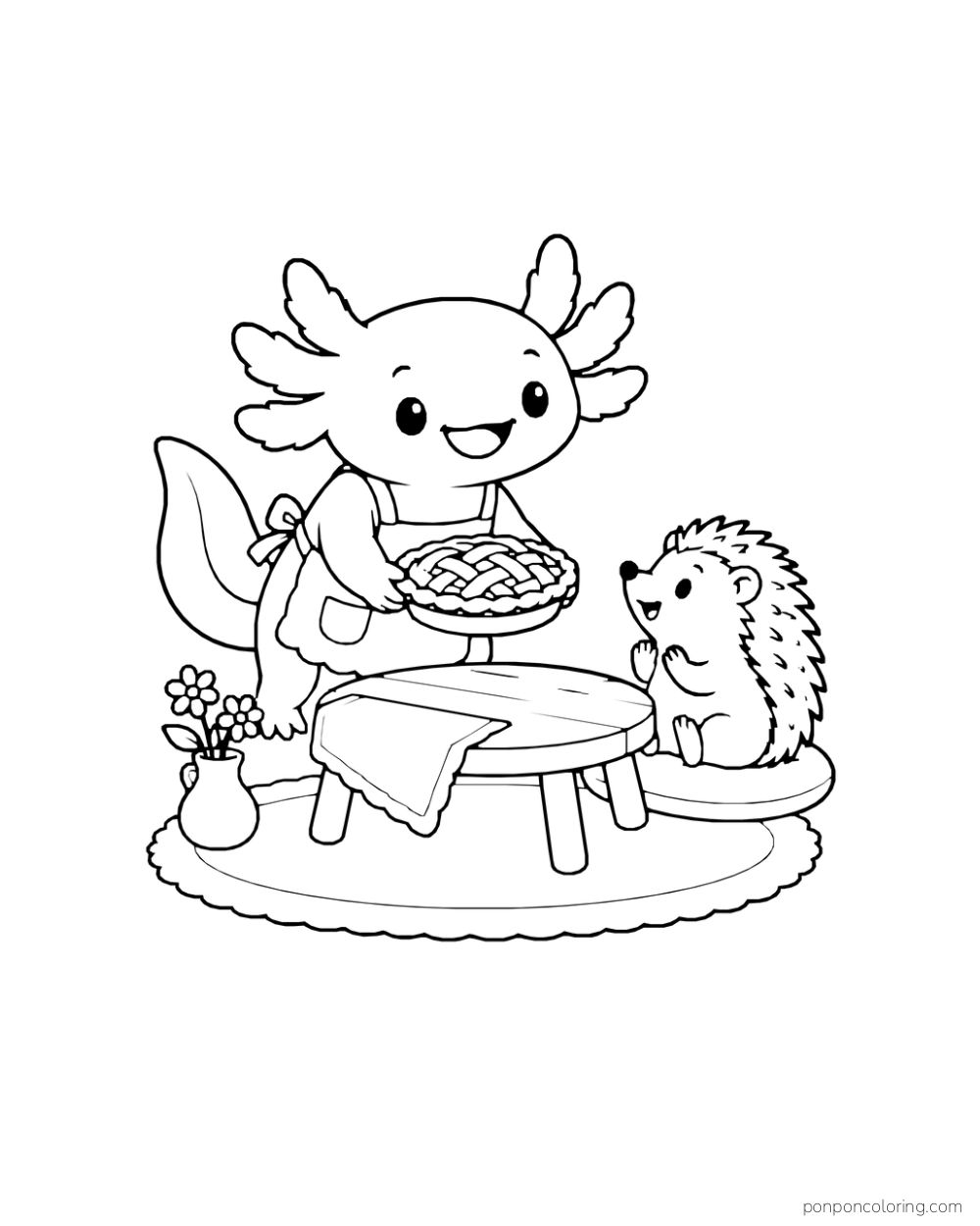 An axolotl offers a lattice pie to a hedgehog at a low table.