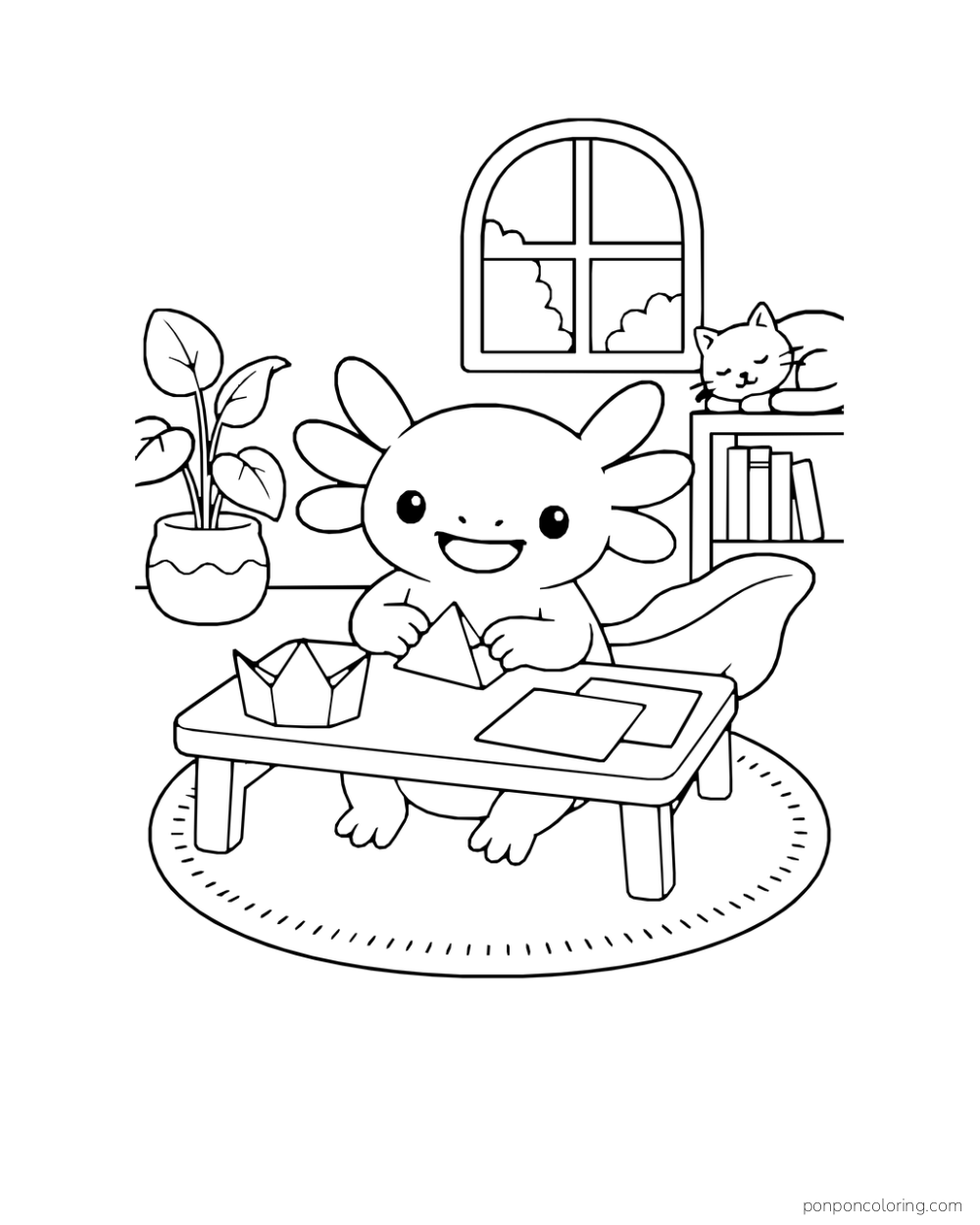 An axolotl folds paper at a desk beside a finished crown, with a cat resting on a bookshelf.