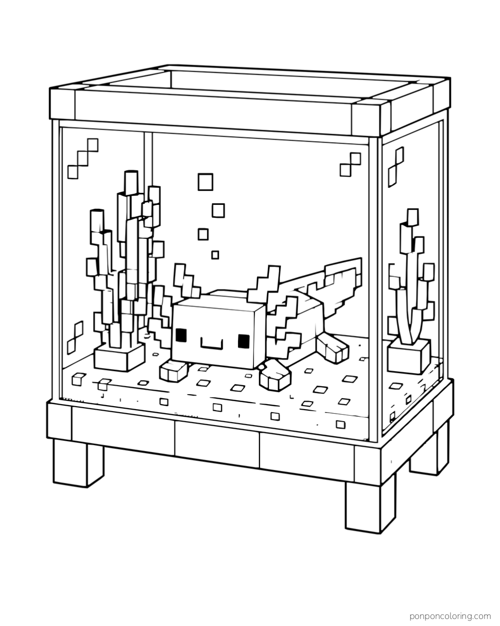 A blocky axolotl rests inside a complete glass aquarium with aquatic plants.