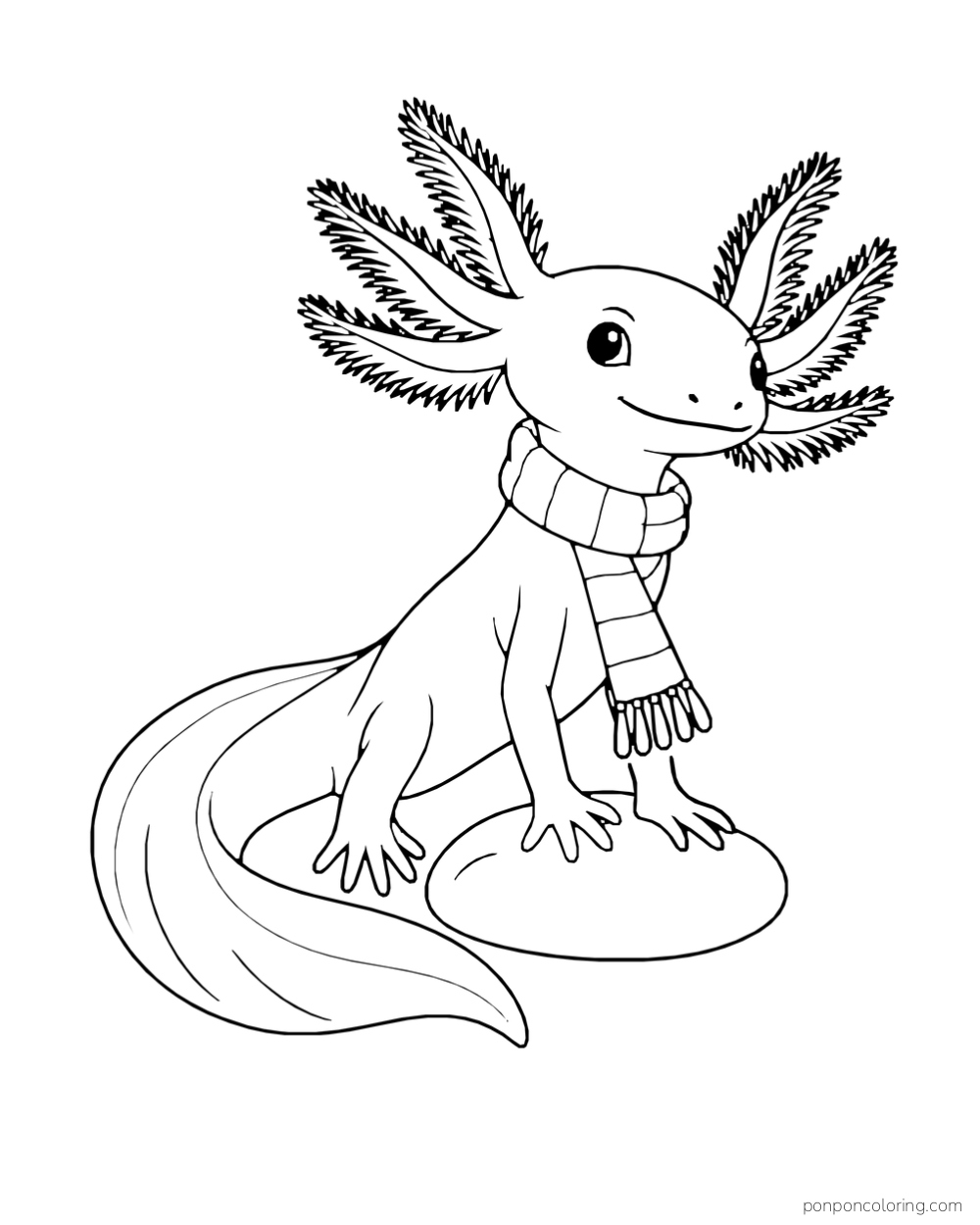 Slender upright axolotl wearing a striped scarf while standing on a smooth stone.