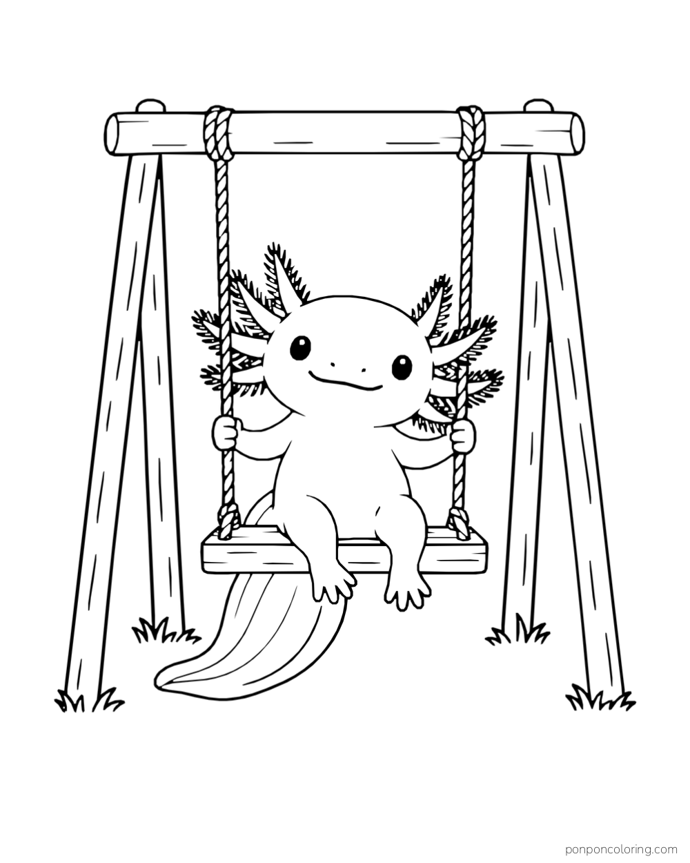 Axolotl sitting on a swing hung from a complete wooden frame.