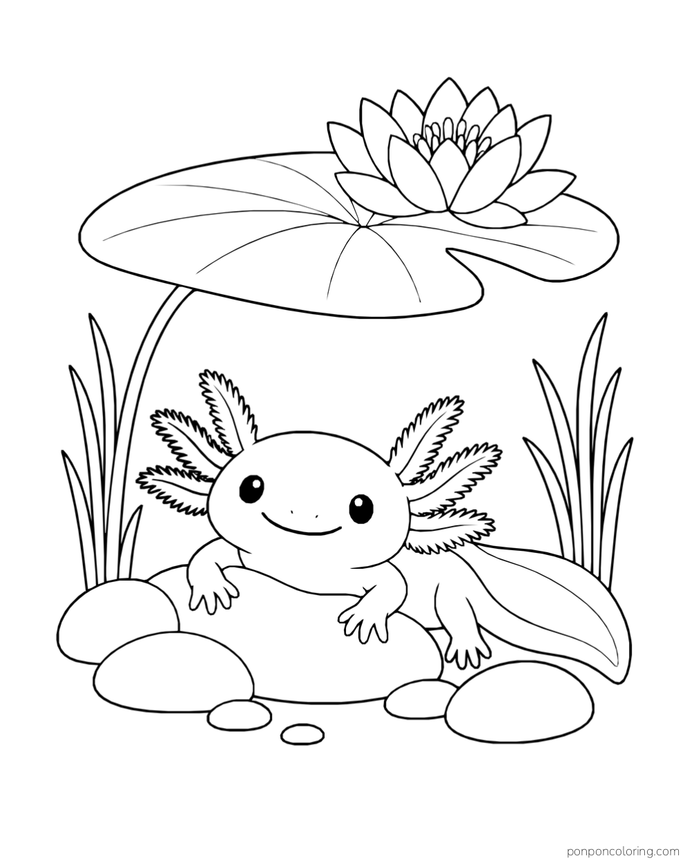 An axolotl resting on a rock beneath a large lily pad and flower, with reeds and small stones around it.