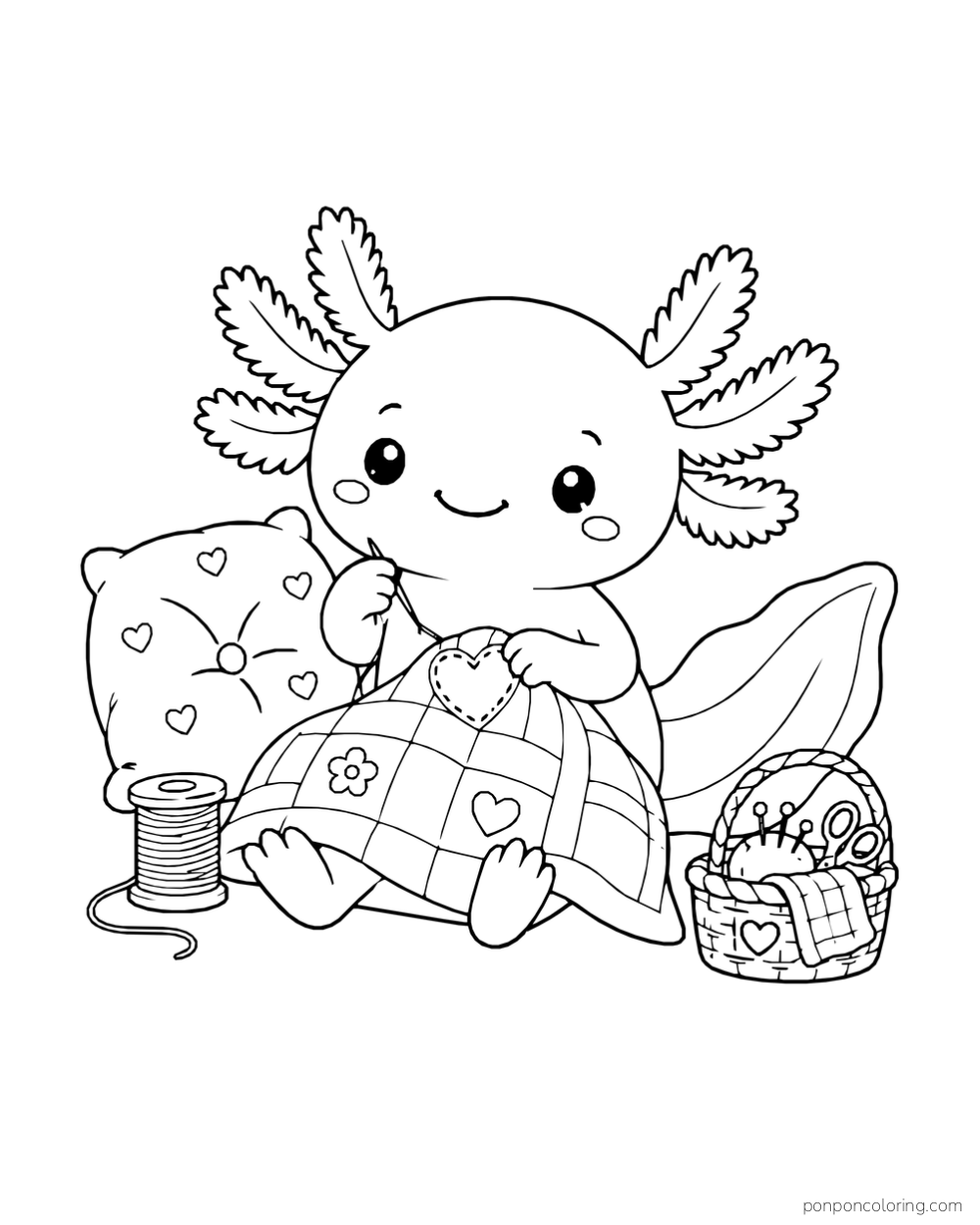 An axolotl sewing a heart patch onto a quilt beside a heart-patterned cushion, thread spool, and sewing basket.