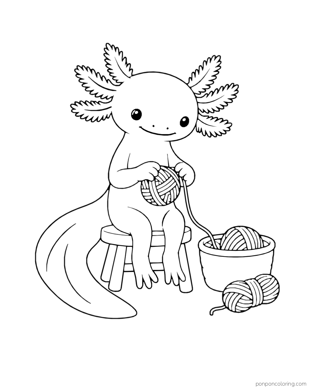 Seated axolotl holding a ball of yarn beside a basket and another ball of yarn.