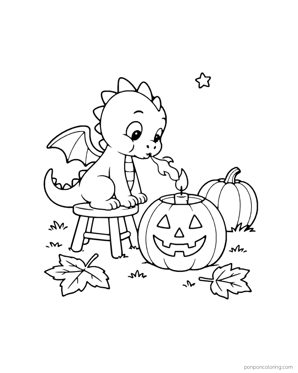 A baby dragon puffs a small flame toward a candle inside a carved pumpkin.