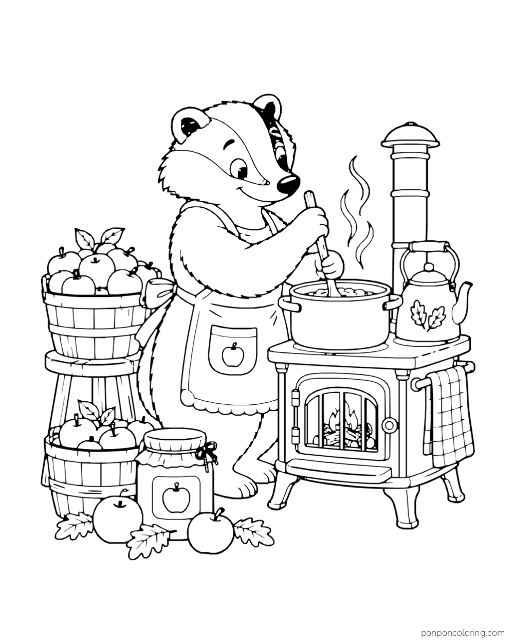 A badger in an apron stirs a pot on a little stove beside baskets of apples and a kettle.