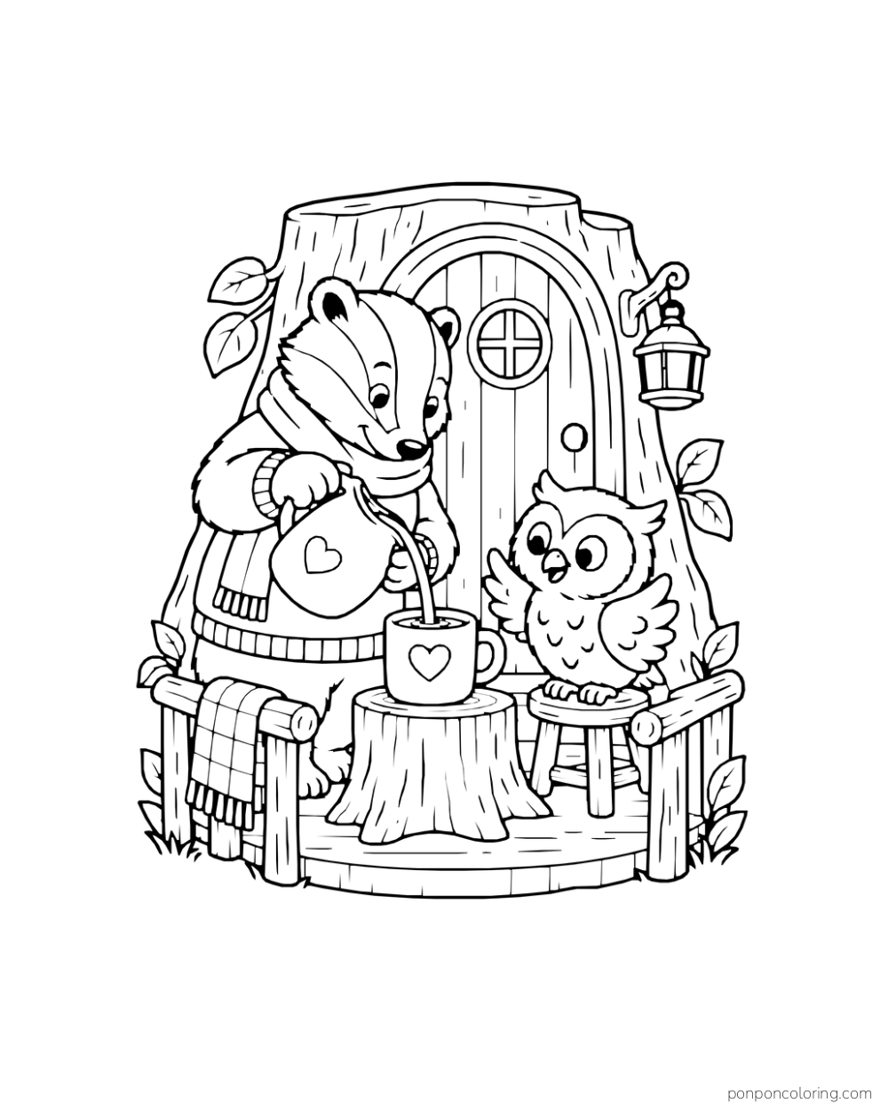 A badger pours cocoa into a mug for an owl on a tree hollow porch.